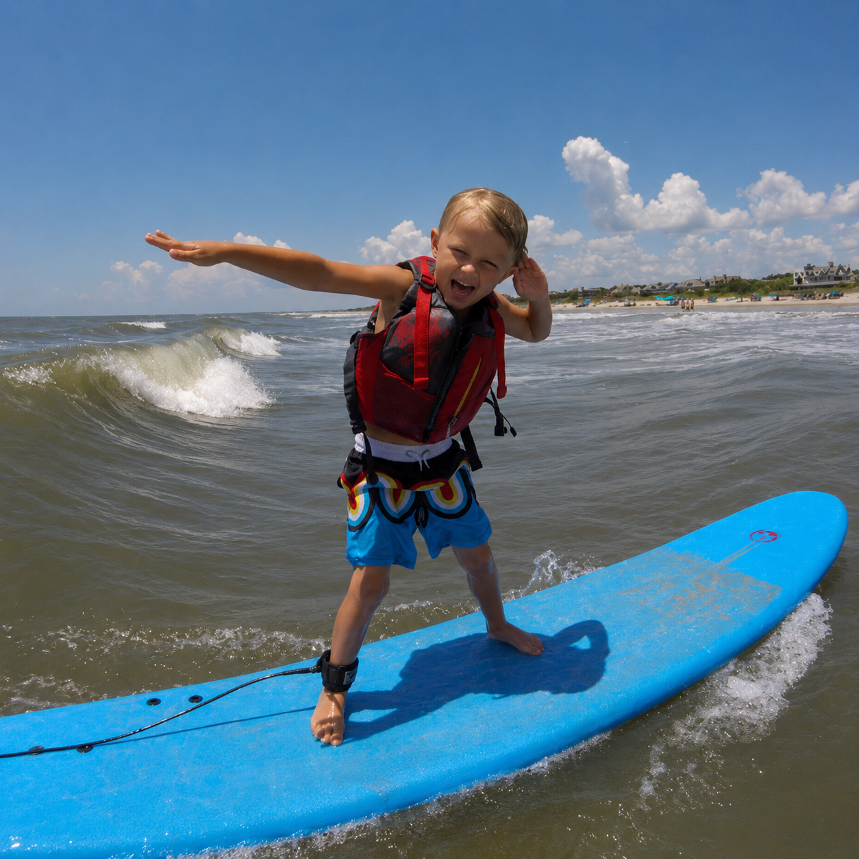 little kid surfing a wave in charleston at the Folly Beach surf camp